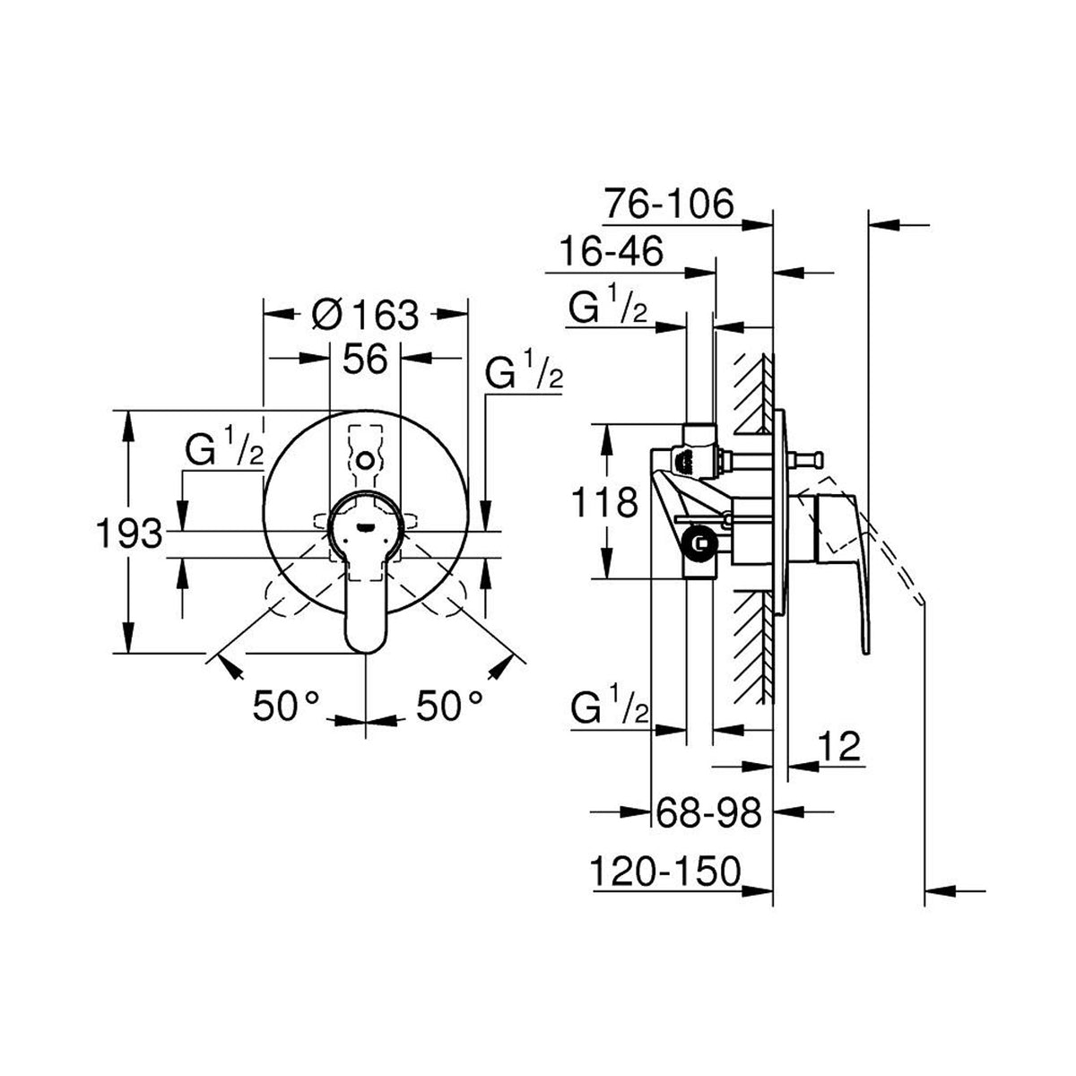 Grohe Eurostyle Cosmopolitan Ankastre Banyo Bataryası - Teknik Çizim