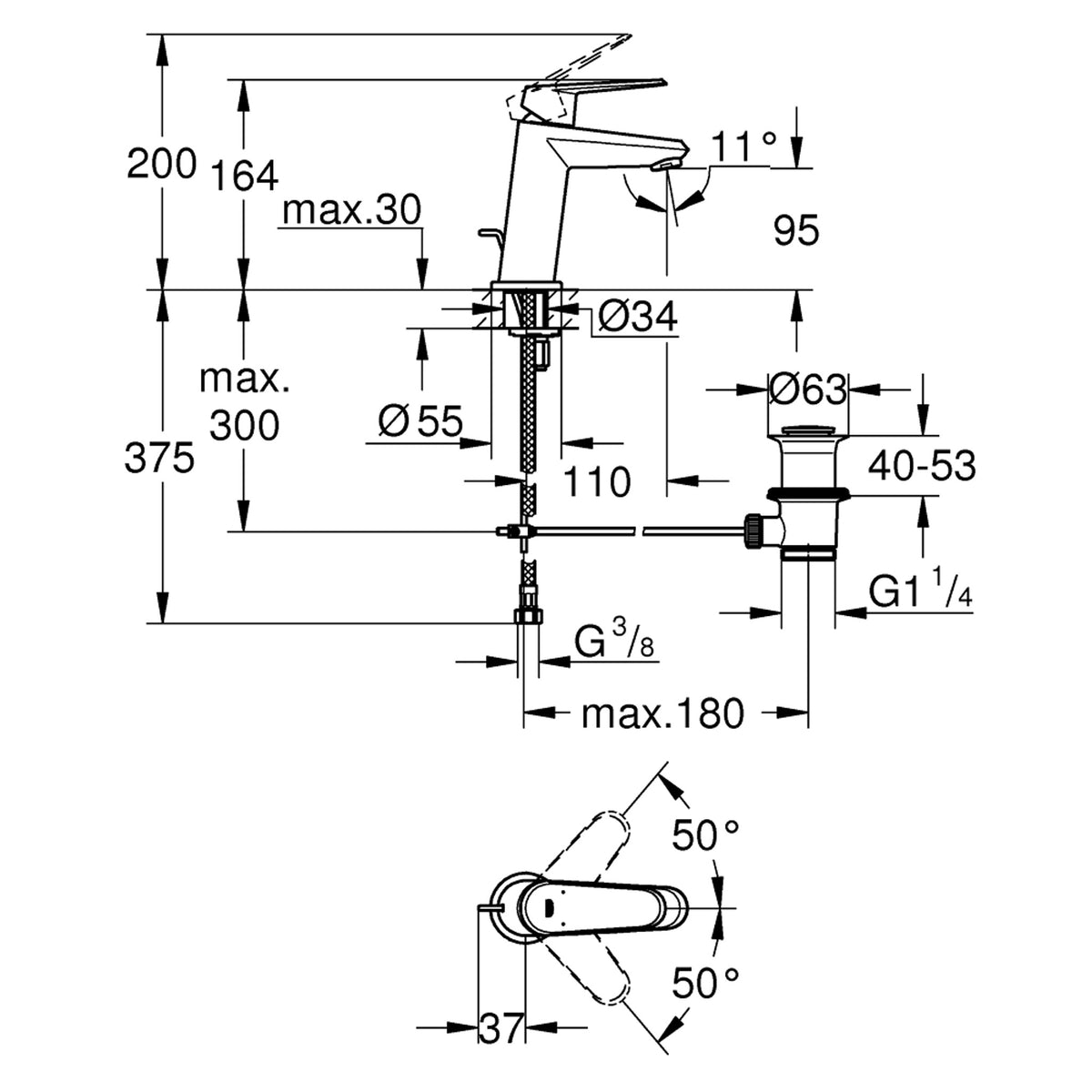 Grohe Eurodisc Cosmopolitan Sifon Kumandalı Lavabo Bataryası - Teknik Çizim