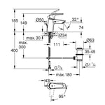 Grohe Eurosmart Lavabo Bataryası, S-Boy, Mat Siyah (Sifon Kumandalı) - Teknik Çizim