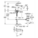 Grohe Eurosmart Lavabo Bataryası, Sifon Kumandalı, Mat Siyah - Teknik Çizim