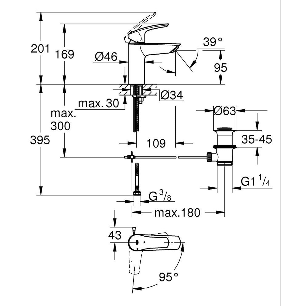 Grohe Eurosmart Lavabo Bataryası, Sifon Kumandalı, Mat Siyah - Teknik Çizim