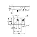 Grohe K700U 1,5 Gözlü Eviye, Paslanmaz Çelik (76x45 cm - Sağ Hazneli) - Teknik Çizim