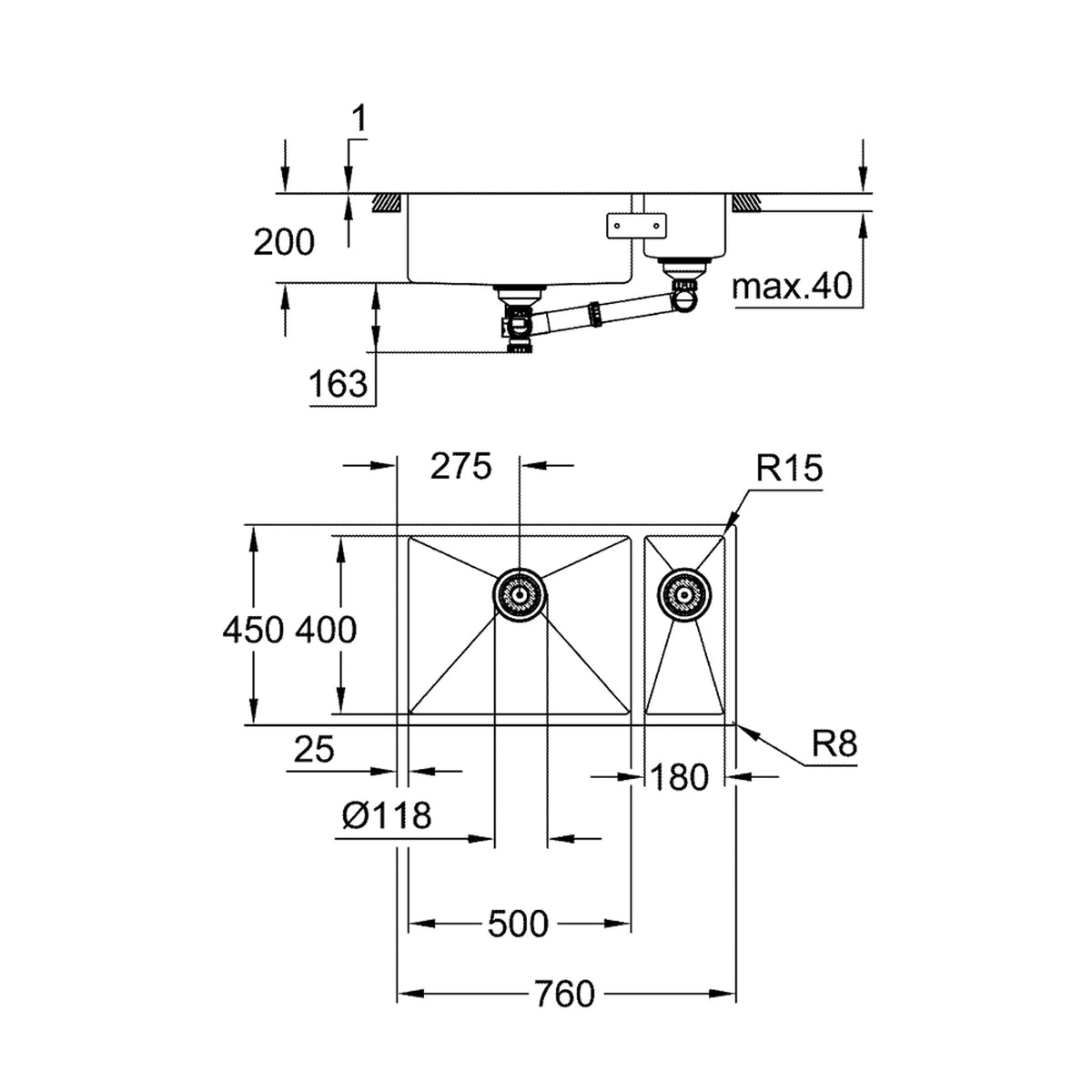 Grohe K700U 1,5 Gözlü Eviye, Paslanmaz Çelik (76x45 cm - Sağ Hazneli) - Teknik Çizim