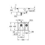 Grohe K700U 1,5 Gözlü Eviye, Paslanmaz Çelik (60x45 cm - Sol Hazneli) - Teknik Çizim