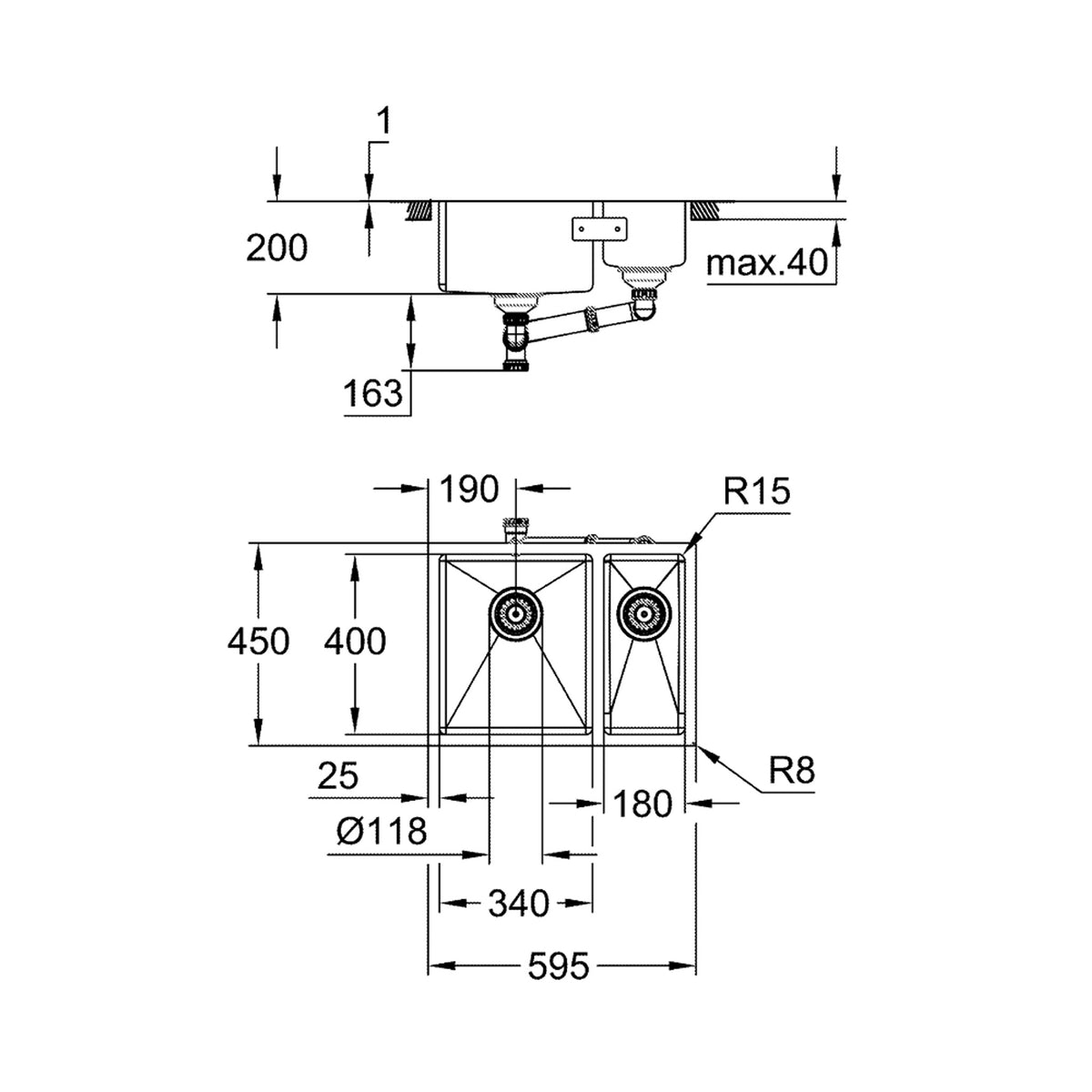 Grohe K700U 1,5 Gözlü Eviye, Paslanmaz Çelik (60x45 cm - Sol Hazneli) - Teknik Çizim