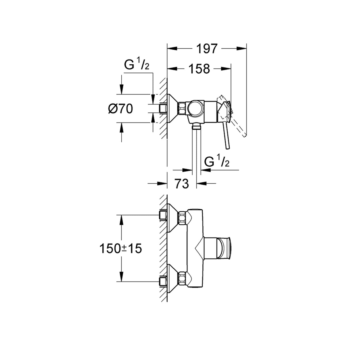 Grohe BauClassic Duş Bataryası - Teknik Çizim