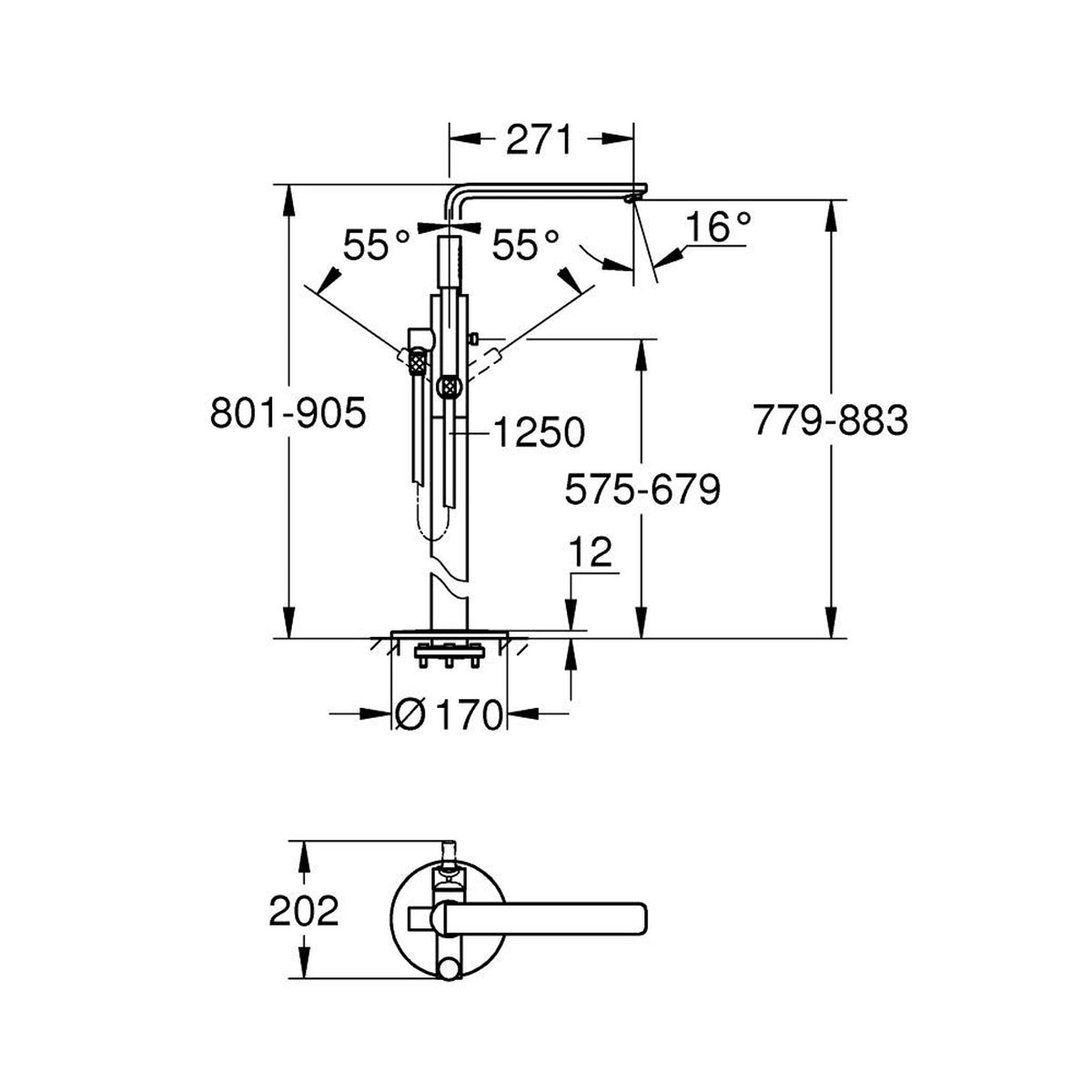 Grohe Lineare Yerden Küvet Bataryası (Sıva Üstü Grubu), Fırçalı Sert Grafit - Teknik Çizim