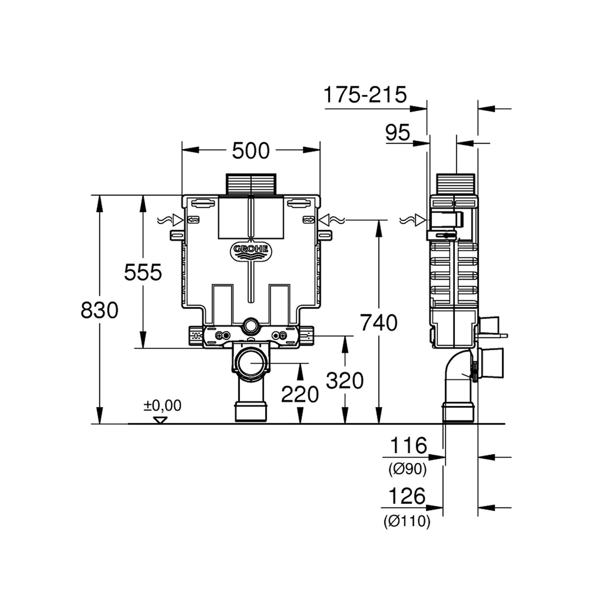 Grohe Uniset Gömme Rezervuar, 0.82 m Yükseklik - Teknik Çizim