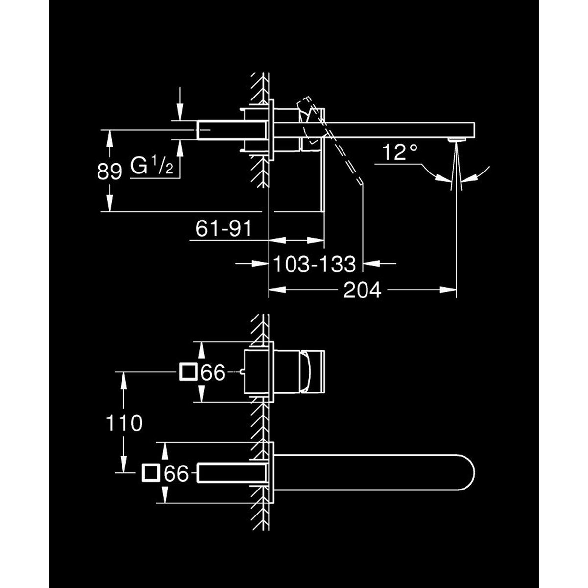 Grohe Plus Ankastre Lavabo Bataryası, Fırçalı Altın (Sıva Üstü Grubu) - Teknik Çizim