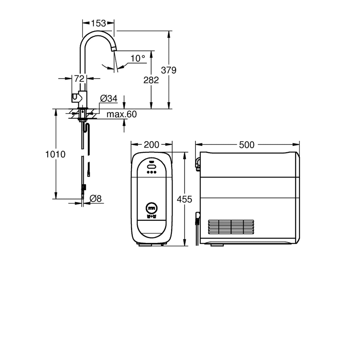 Grohe Blue Home Professional Mono Eviye Bataryası Başlangıç Seti, Fırçalı Sert Grafit - Teknik Çizim