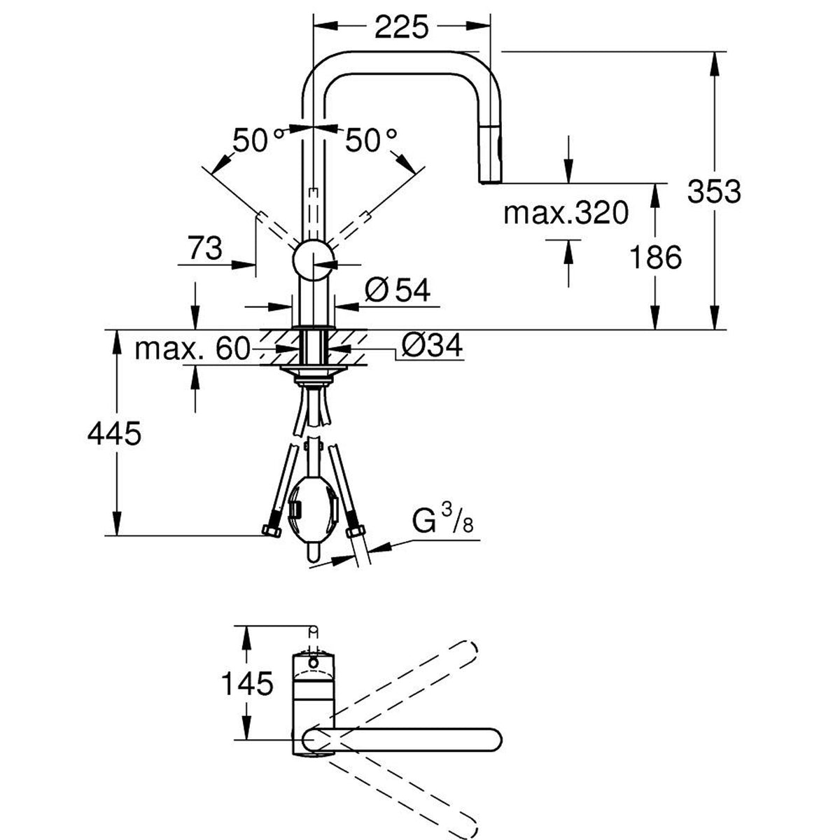 Grohe Minta Spiralli Eviye Bataryası, Döner Borulu - Teknik Çizim