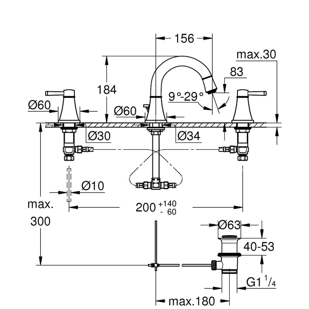 Grohe Grandera 3 Delikli Lavabodan Ankastre Sifon Kumandalı Lavabo Bataryası (M-Boy) - Teknik Çizim