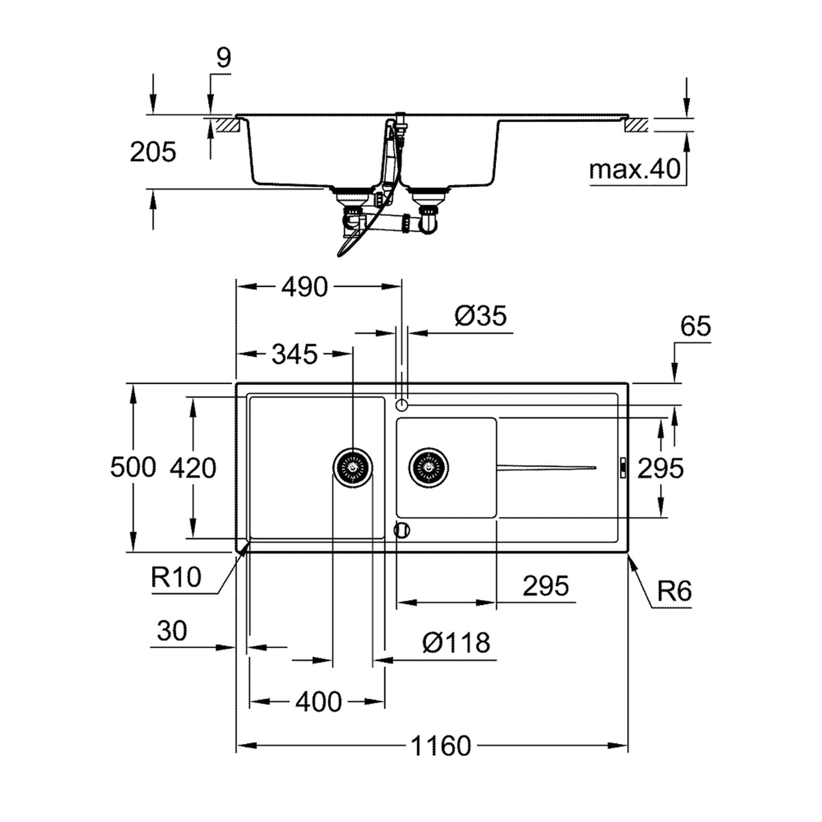 Grohe K400 Kompozit Damlalıklı 1,5 Gözlü Eviye, Granit Siyah - Teknik Çizim