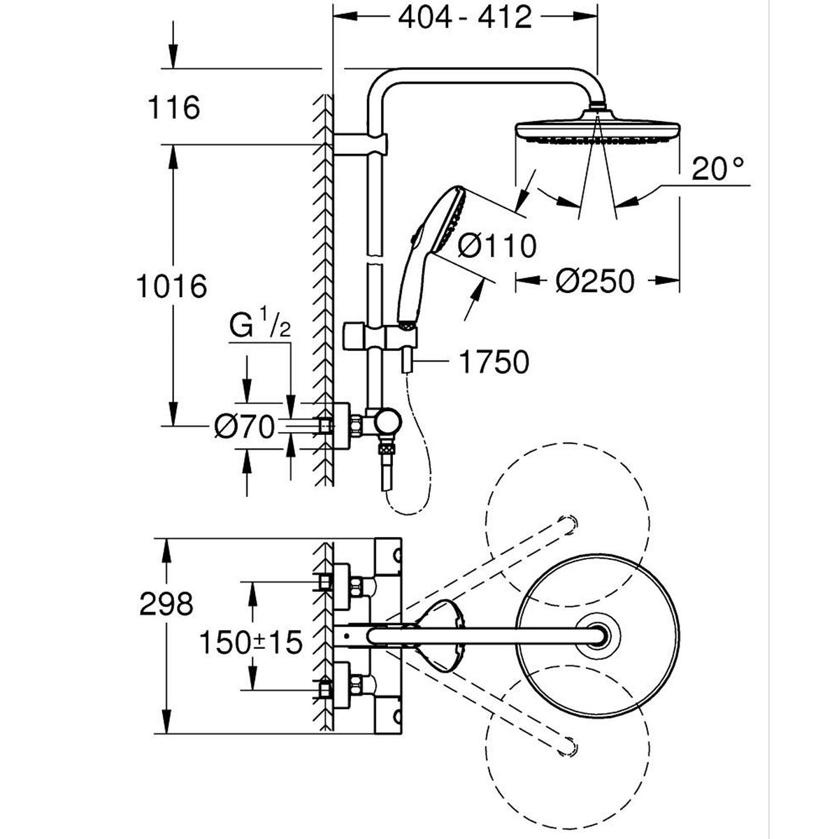Grohe Tempesta System 250 Duvara Monte Termostatik Bataryalı Duş Kolonu, Krom-Beyaz - Teknik Çizim