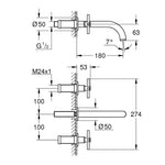 Grohe Atrio 3 Delikli Duvardan Ankastre Lavabo Bataryası (Sıva Üstü Grubu), Fırçalı Bakır - Teknik Çizim