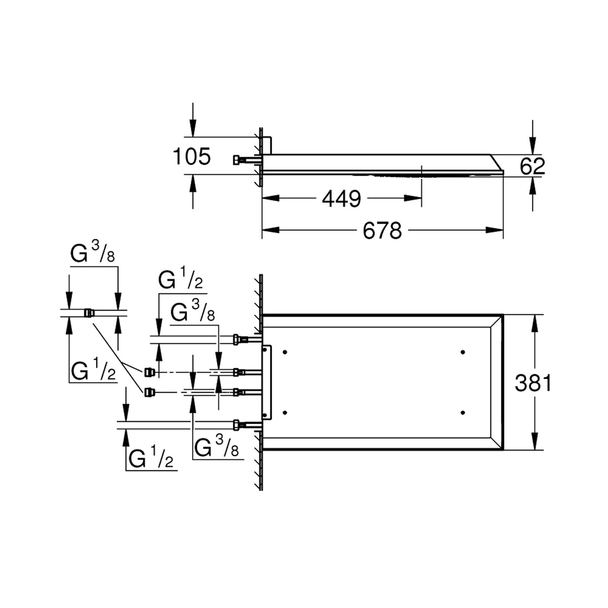 Grohe Rainshower Aqua 15 F-Series Multi Spray Tepe Duşu, 68x38 cm - Teknik Çizim