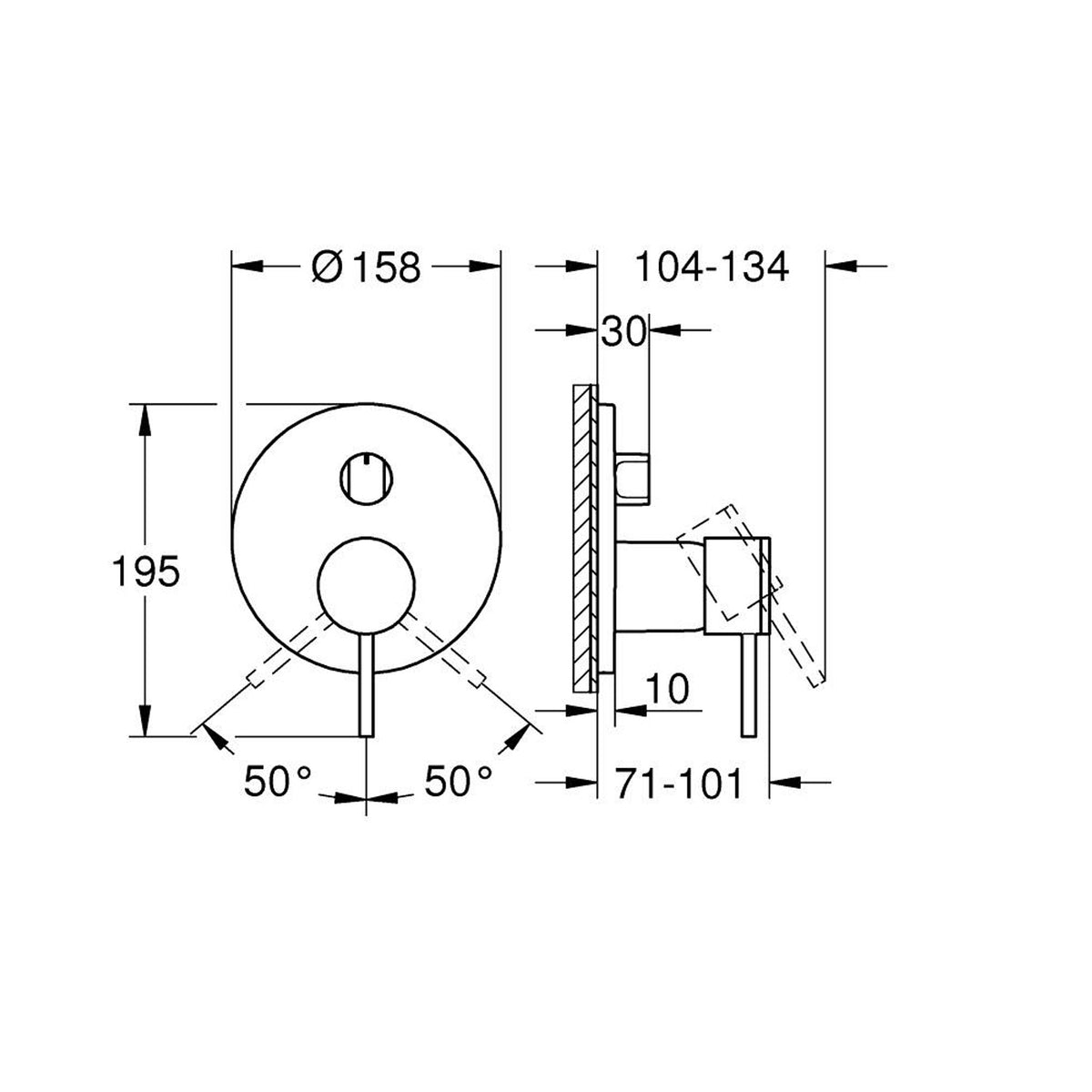 Grohe Atrio Ankastre Banyo/Duş Bataryası (Sıva Üstü Grubu), 3 Yollu, Fırçalı Bakır - Teknik Çizim