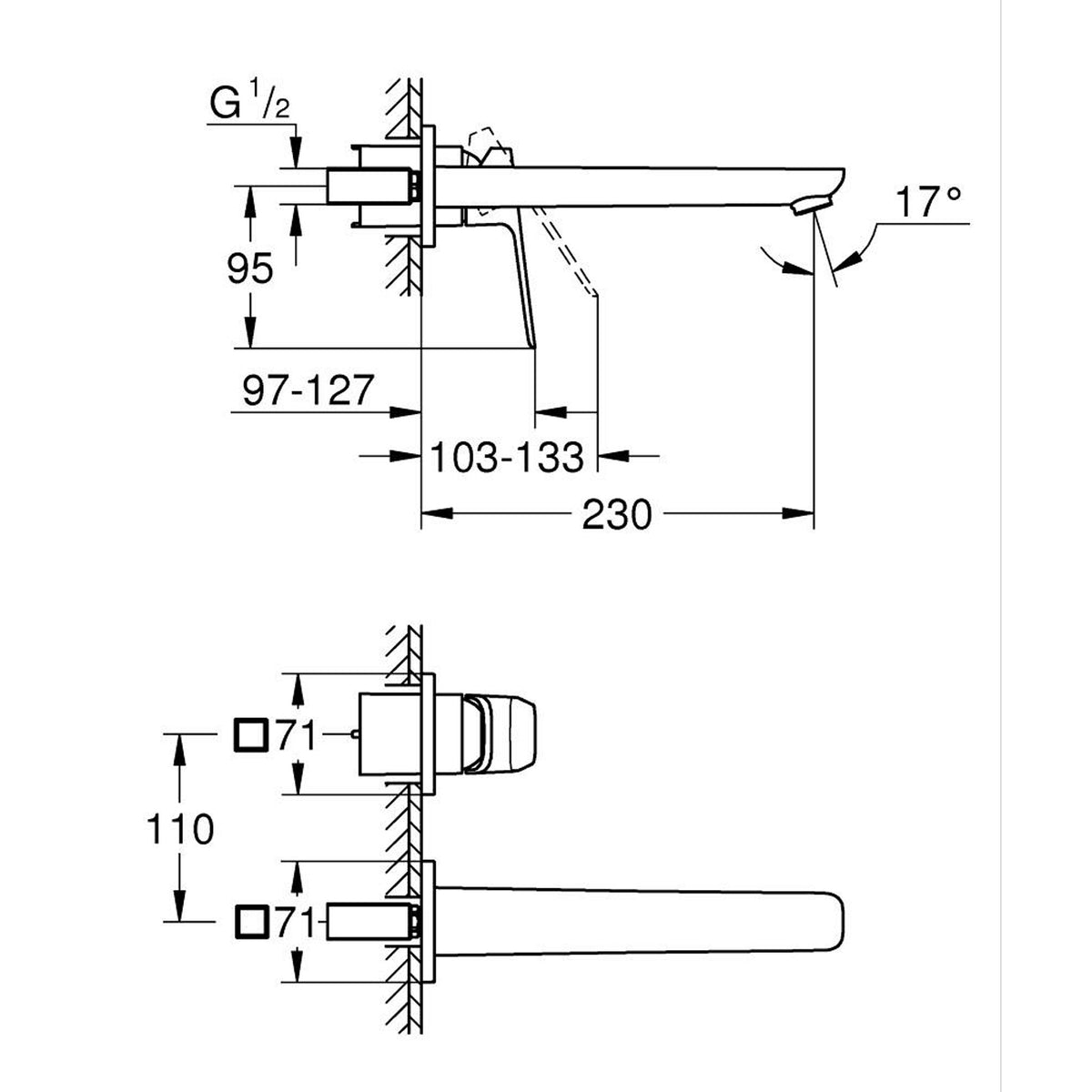 Grohe Cubeo 2 Delikli Duvardan Ankastre Lavabo Bataryası, L-Boy, Mat Siyah (Sıva Üstü Grubu) - Teknik Çizim