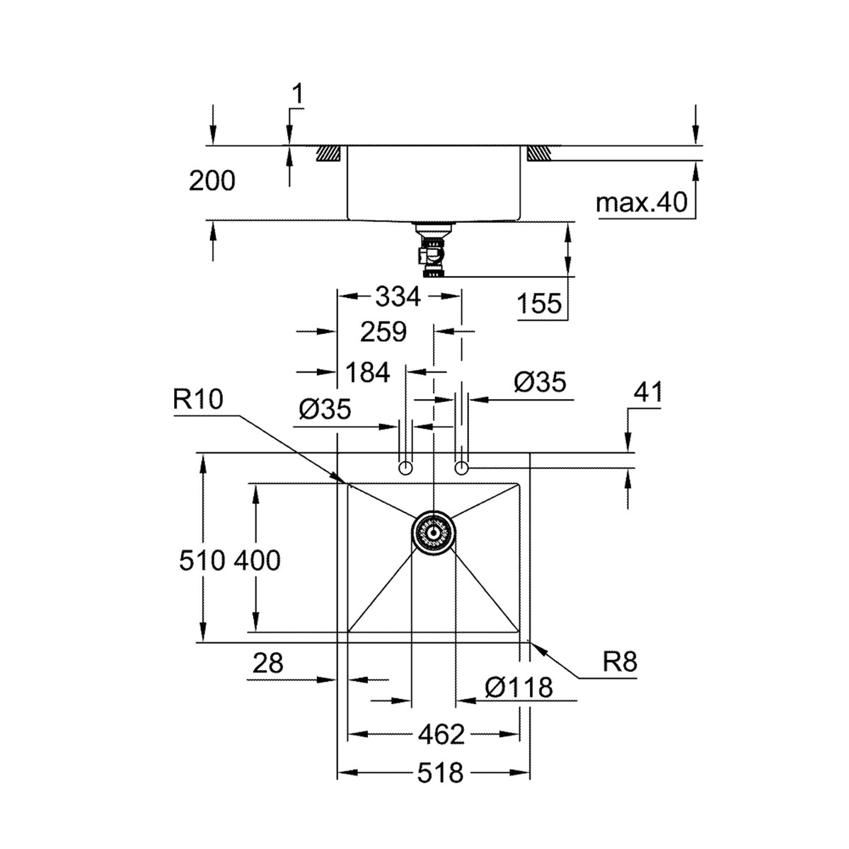 Grohe K800 Tek Gözlü Eviye, Paslanmaz Çelik (51x51 cm) - Teknik Çizim