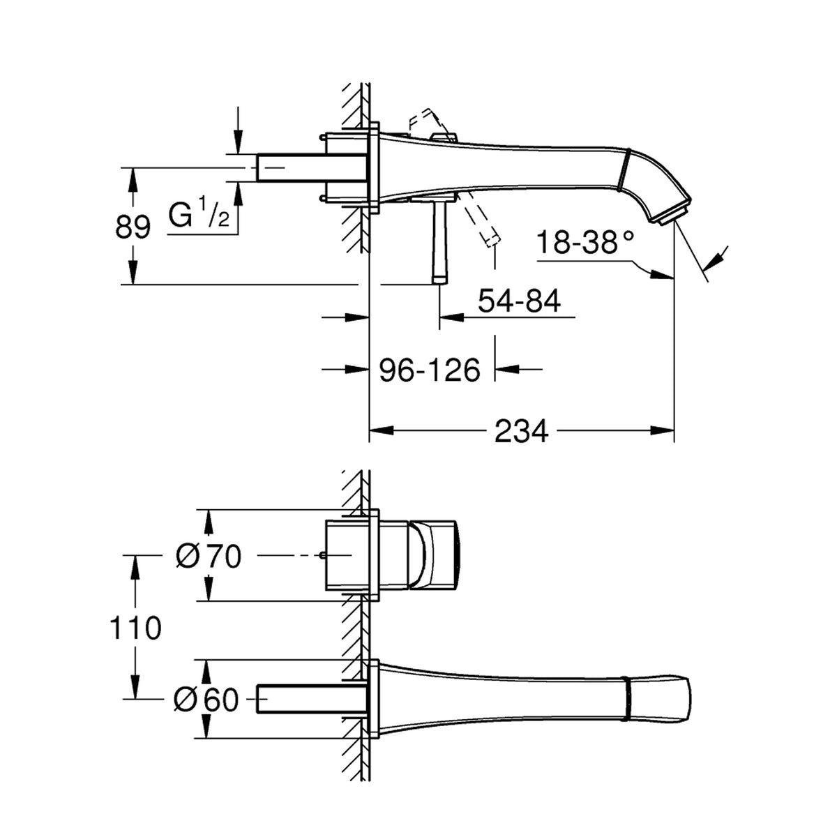 Grohe Grandera Ankastre (L-Boy) Lavabo Bataryası (Sıva Üstü Grubu), Krom-Altın - Teknik Çizim