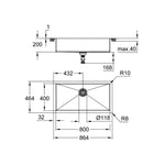 Grohe K700 Tek Gözlü Eviye, Paslanmaz Çelik (86x46 cm) - Teknik Çizim