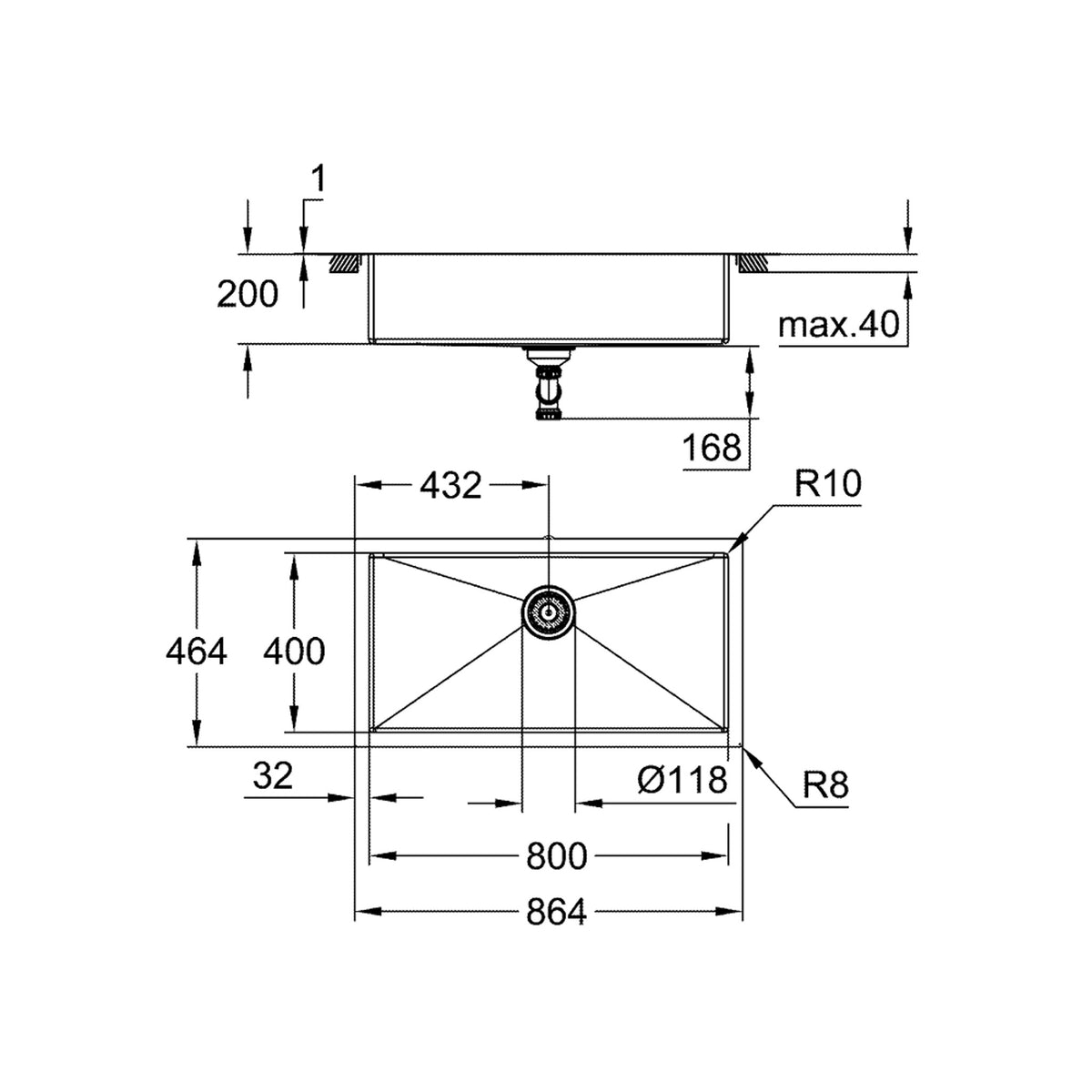 Grohe K700 Tek Gözlü Eviye, Paslanmaz Çelik (86x46 cm) - Teknik Çizim