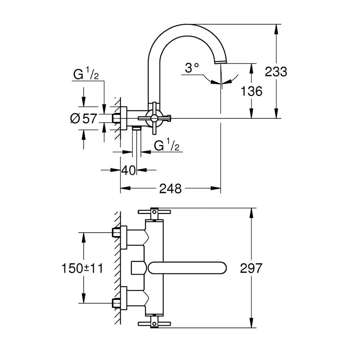 Grohe Atrio Banyo Bataryası, Altın - Teknik Çizim