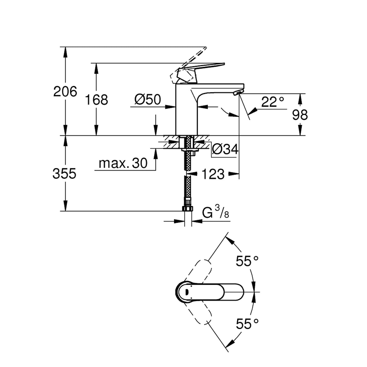 Grohe Eurocosmo Lavabo Bataryası - Teknik Çizim