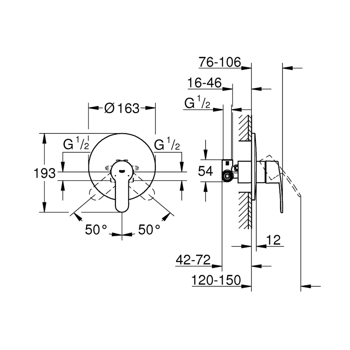 Grohe Eurostyle Cosmopolitan Ankastre Duş Bataryası - Teknik Çizim