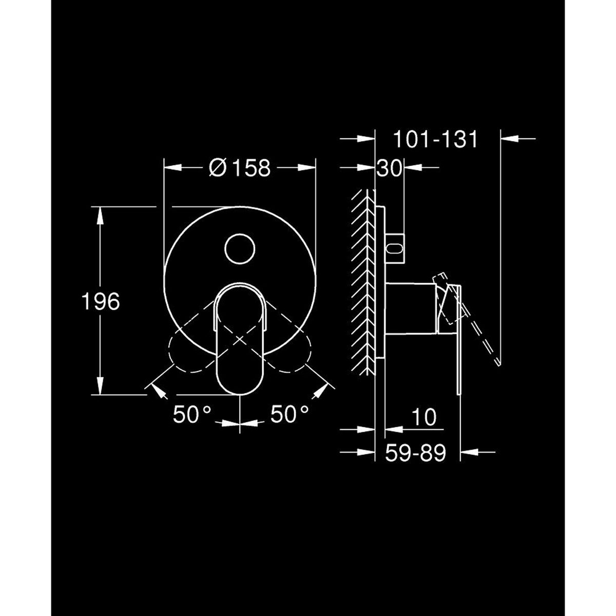 Grohe Plus Ankastre Banyo/Duş Bataryası (Sıva Üstü Grubu), 3 Yollu - Teknik Çizim