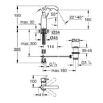 Grohe Essence New Lavabo Bataryası, Sifon Kumandalı, Paslanmaz Çelik - Teknik Çizim