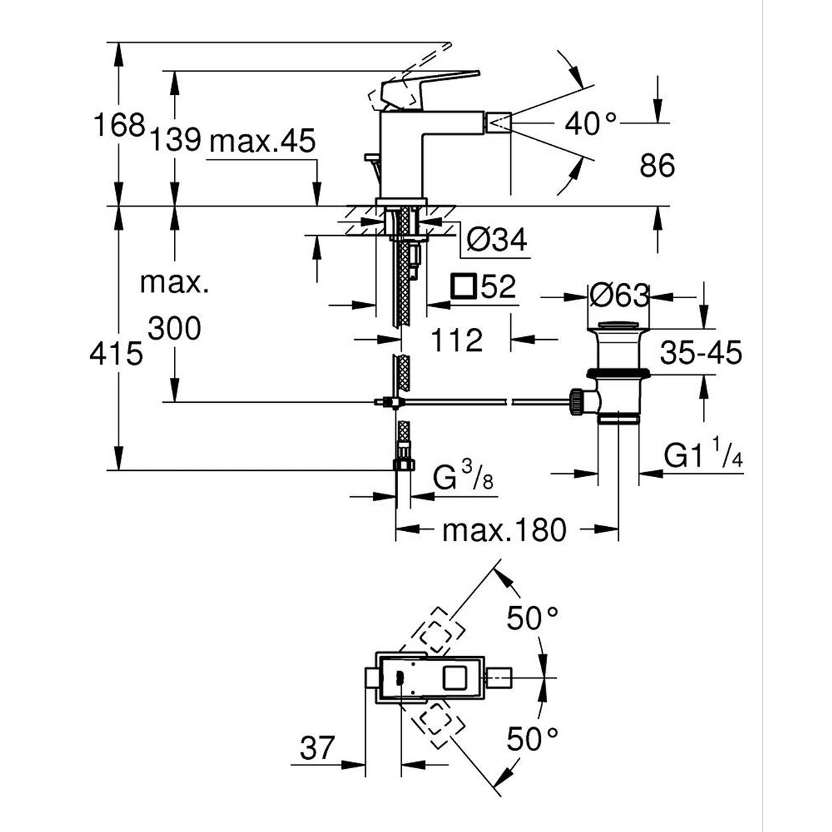 Grohe Eurocube Sifon Kumandalı Bide Bataryası (S-Boy) - Teknik Çizim