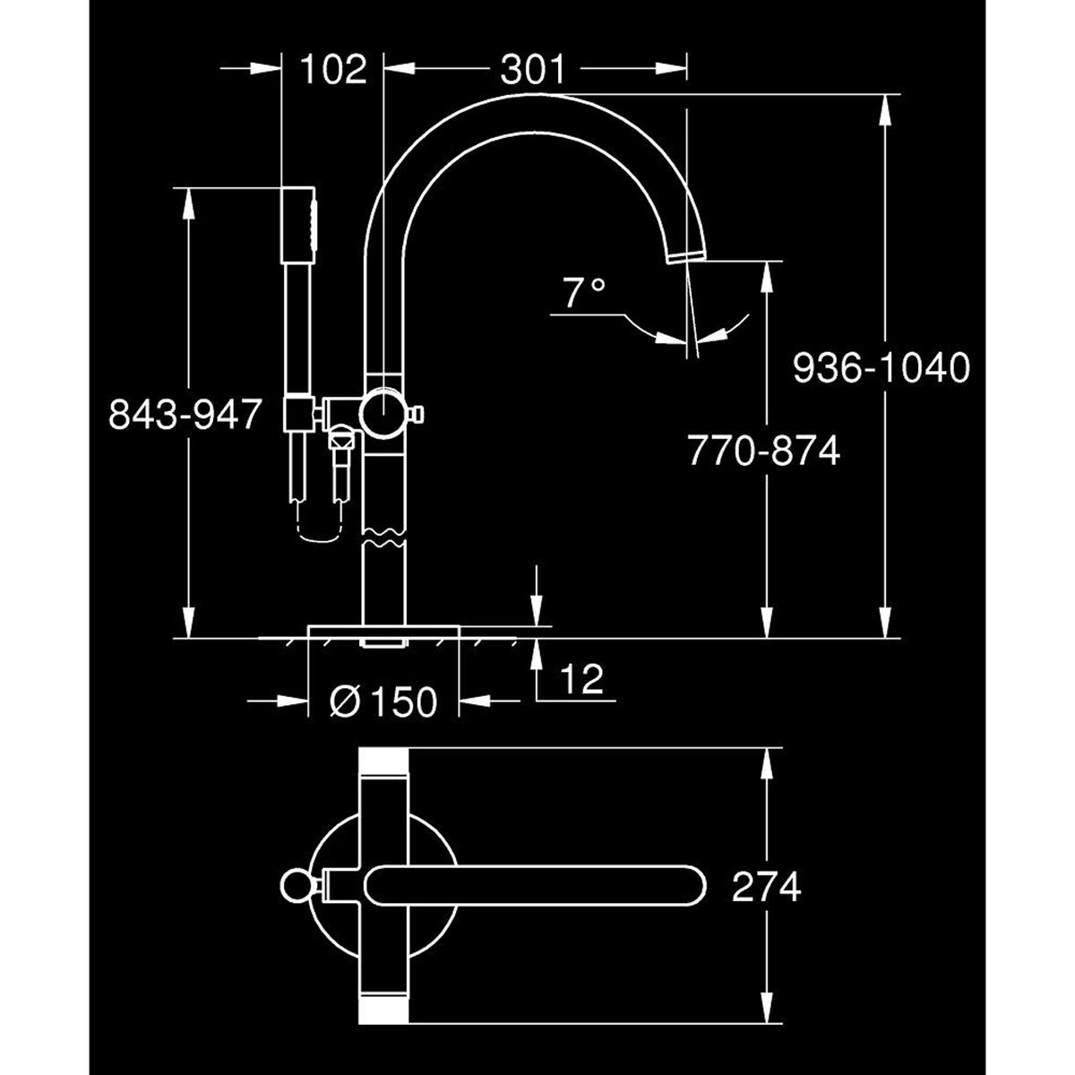Grohe Atrio Private Collection Tek Yerden Küvet Bataryası (Sıva Üstü Grubu), Fırçalı Sert Grafit - Teknik Çizim