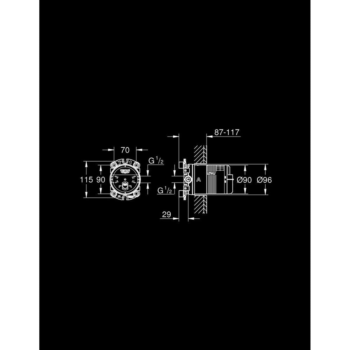 Grohe Rainshower Aqua Tepe Duşu, 2 Akışlı (Sıva Altı Grubu) - Teknik Çizim