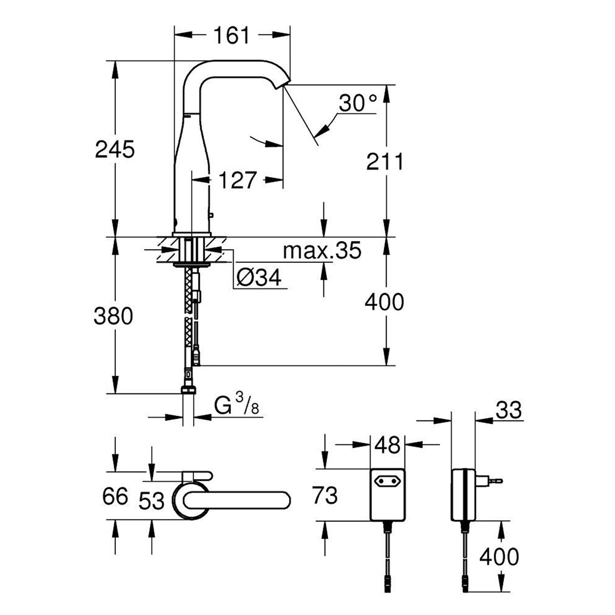 Grohe Essence E Fotoselli Lavabo Bataryası, Çift Su Girişli, Ayarlanabilir Sıcaklık Sınırlayıcısı - Teknik Çizim