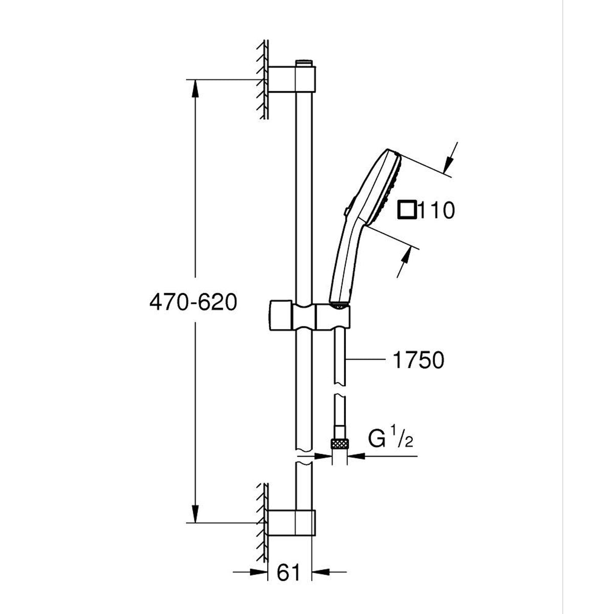 Grohe Tempesta Cube 110 Sürgülü Duş Seti, 3 Akışlı - Teknik Çizim
