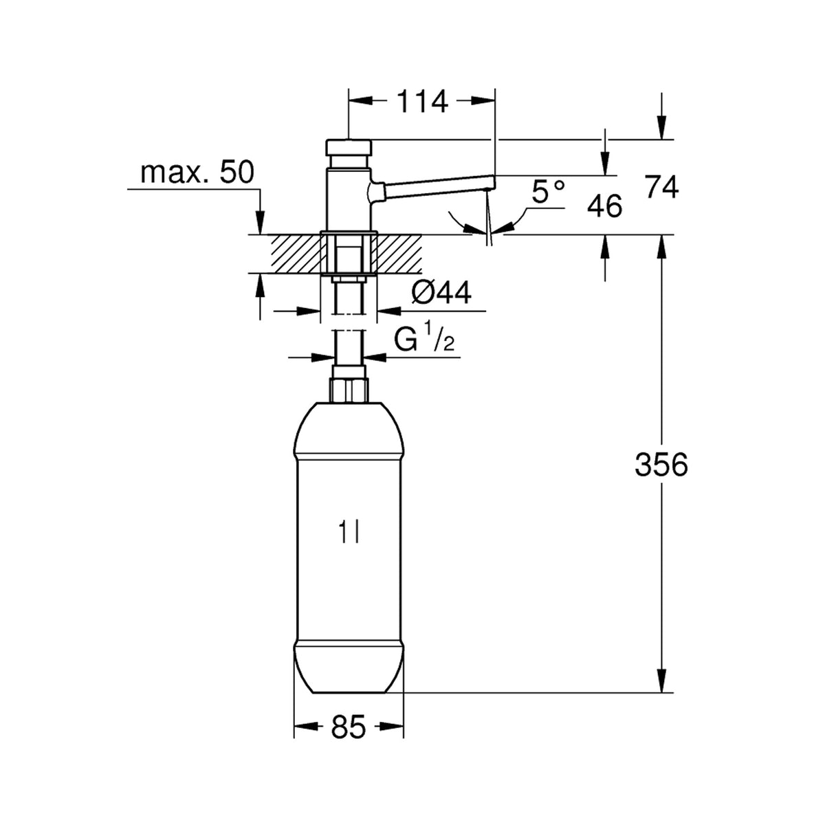 Grohe Ankastre Sıvı Sabunluk - Teknik Çizim