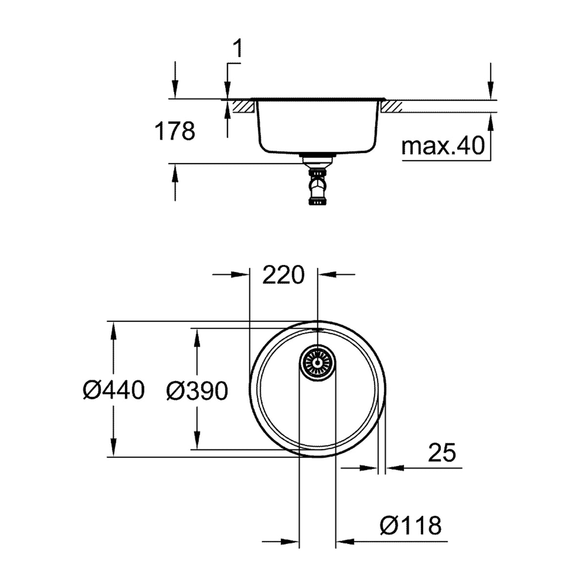 Grohe K200 Tek Gözlü Eviye, Paslanmaz Çelik (44 cm) - Teknik Çizim