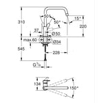 Grohe Eurosmart Kuğu Borulu Eviye Bataryası, Paslanmaz Çelik - Teknik Çizim