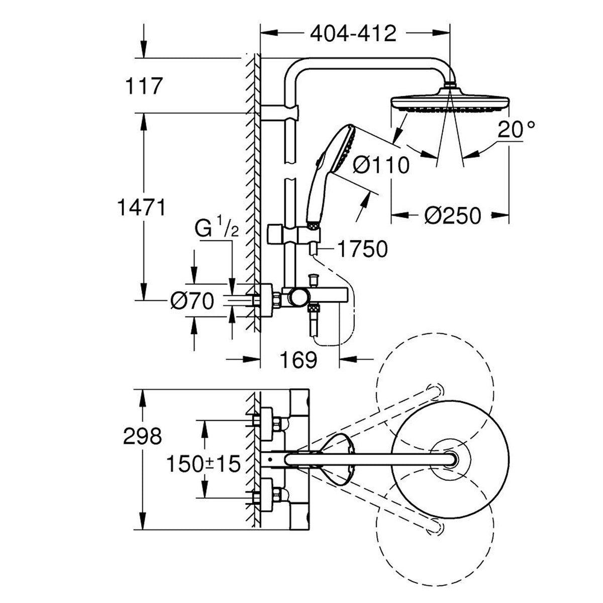 Grohe Tempesta System 250 Duvara Monte Termostatik Banyo Bataryalı Duş Kolonu, Mat Siyah - Teknik Çizim