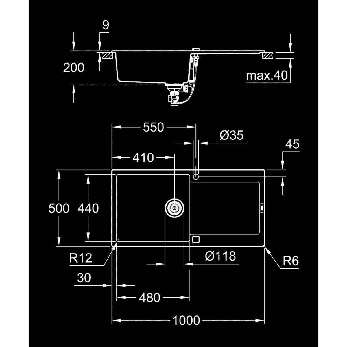Grohe K500 Kompozit Damlalıklı Tek Gözlü Eviye, Granit Siyah - Teknik Çizim
