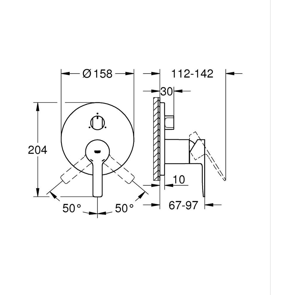 Grohe Lineare Ankastre Banyo Bataryası (3 Yollu, Sıva Üstü Grubu), Fırçalı Bakır - Teknik Çizim