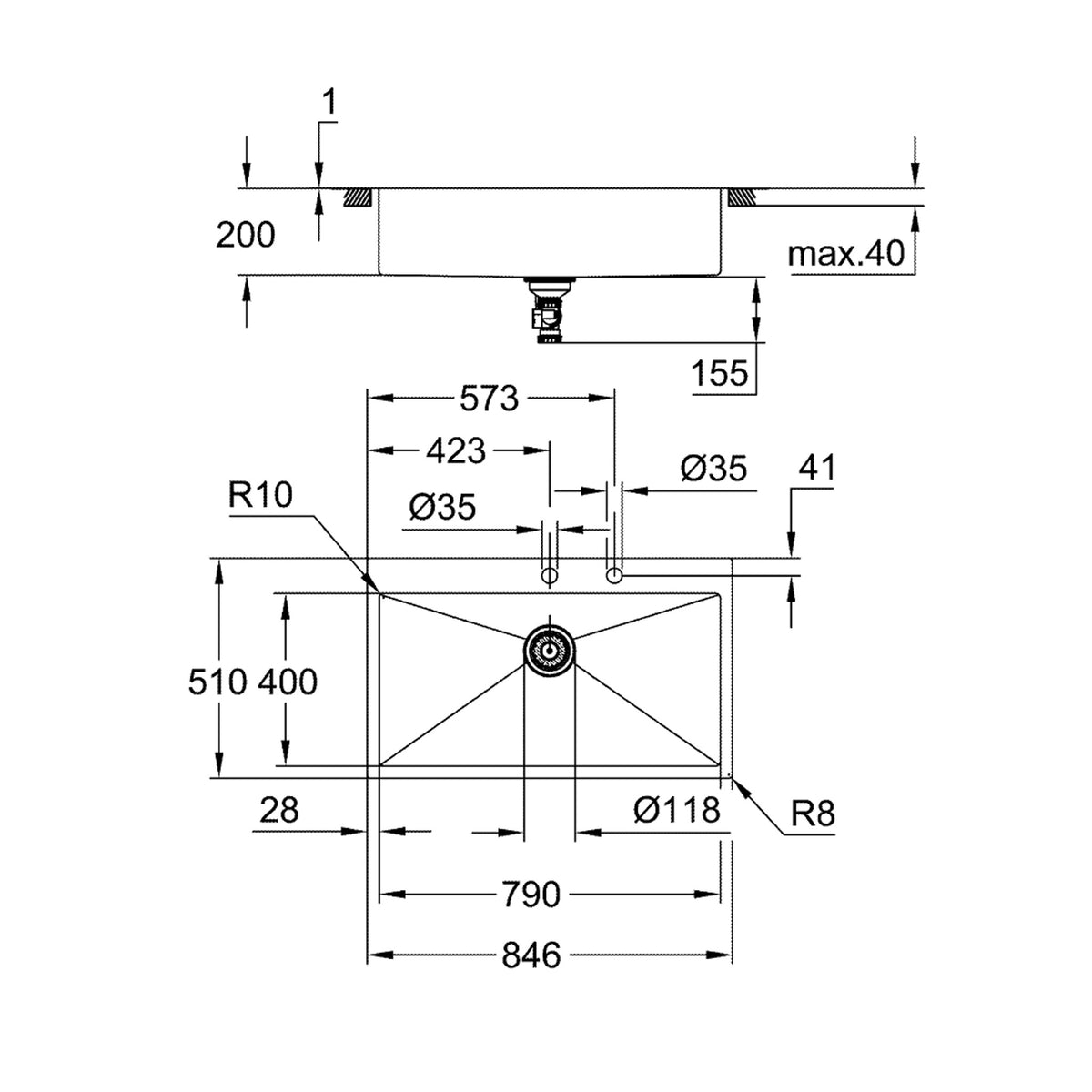 Grohe K800 Tek Gözlü Eviye, Paslanmaz Çelik (84x51 cm) - Teknik Çizim