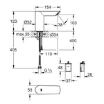 Grohe Bau Cosmopolitan E Fotoselli Lavabo Bataryası (Tek Su Girişli-Pilli) - Teknik Çizim