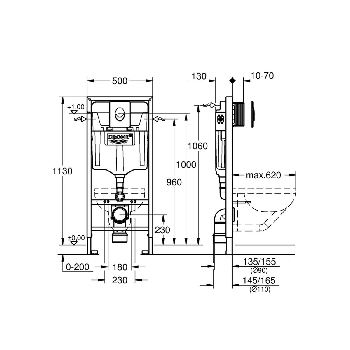 Grohe Rapid SL Gömme Rezervuar (Kumanda Paneli Dahil) - Teknik Çizim