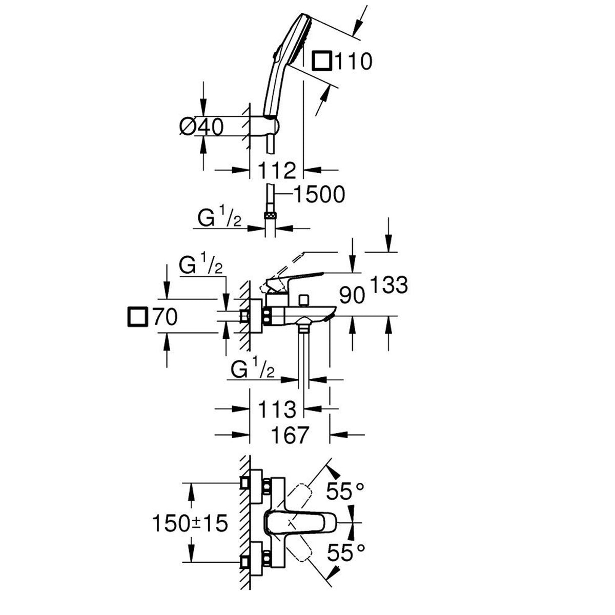 Grohe Cubeo Banyo Bataryası ve El Duşu Takımı - Teknik Çizim