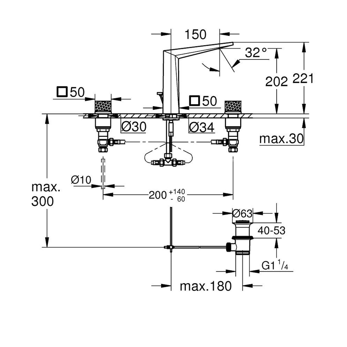 Grohe Allure Brilliant Private Collection L-Boy, 3 Delikli Lavabodan Ankastre Lavabo Bataryası, Sifon Kumandalı, Paslanmaz Çelik - Teknik Çizim