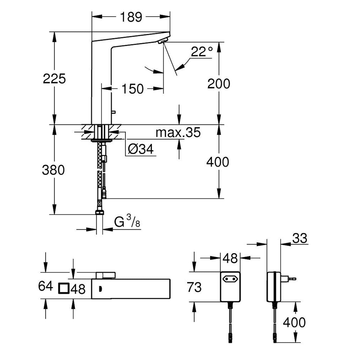 Grohe Eurocube E Fotoselli Lavabo Bataryası (Çift Su Girişli-Elektrikli) - Teknik Çizim