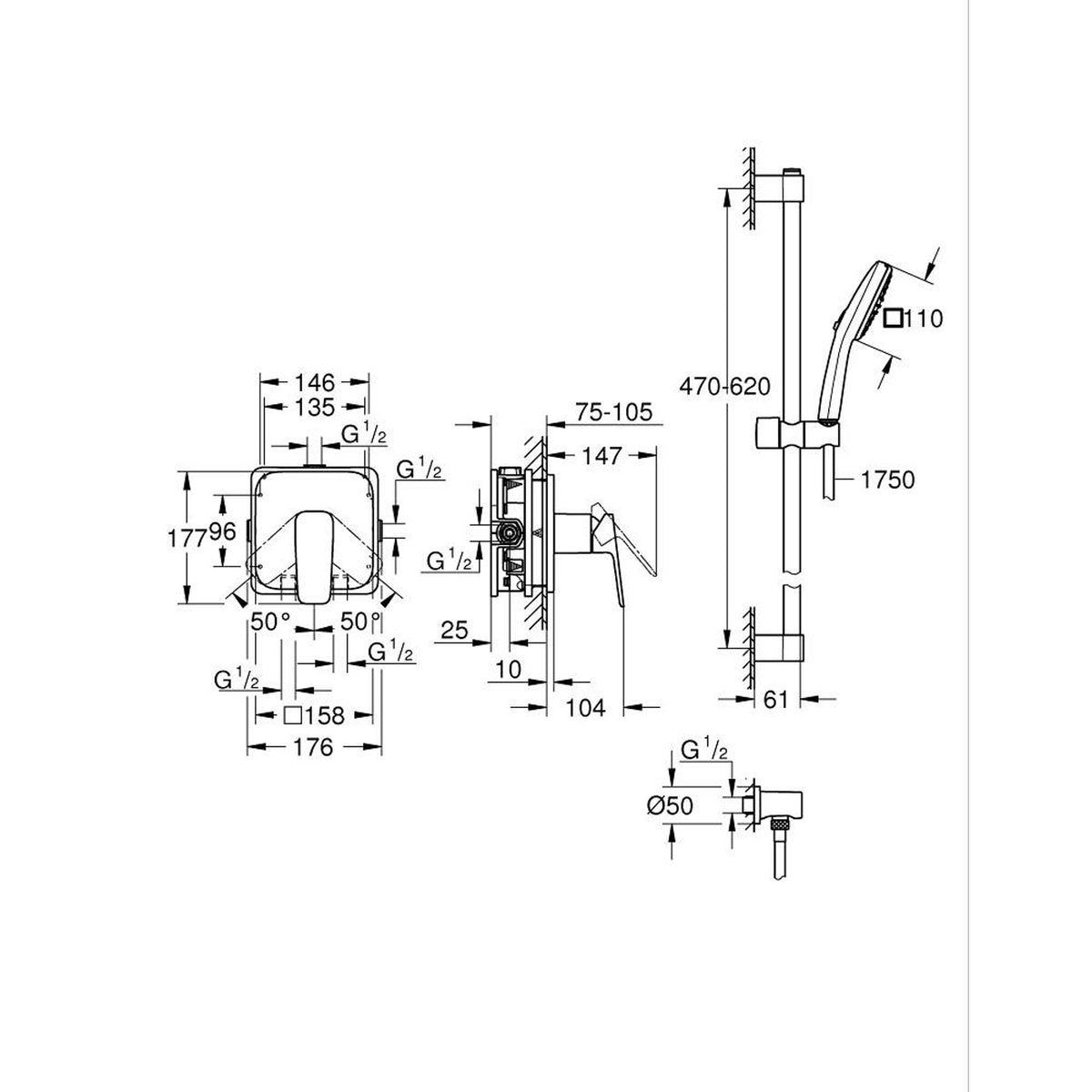 Grohe Cubeo Ankastre Duş Bataryası ve Sürgülü El Duşu Seti - Teknik Çizim