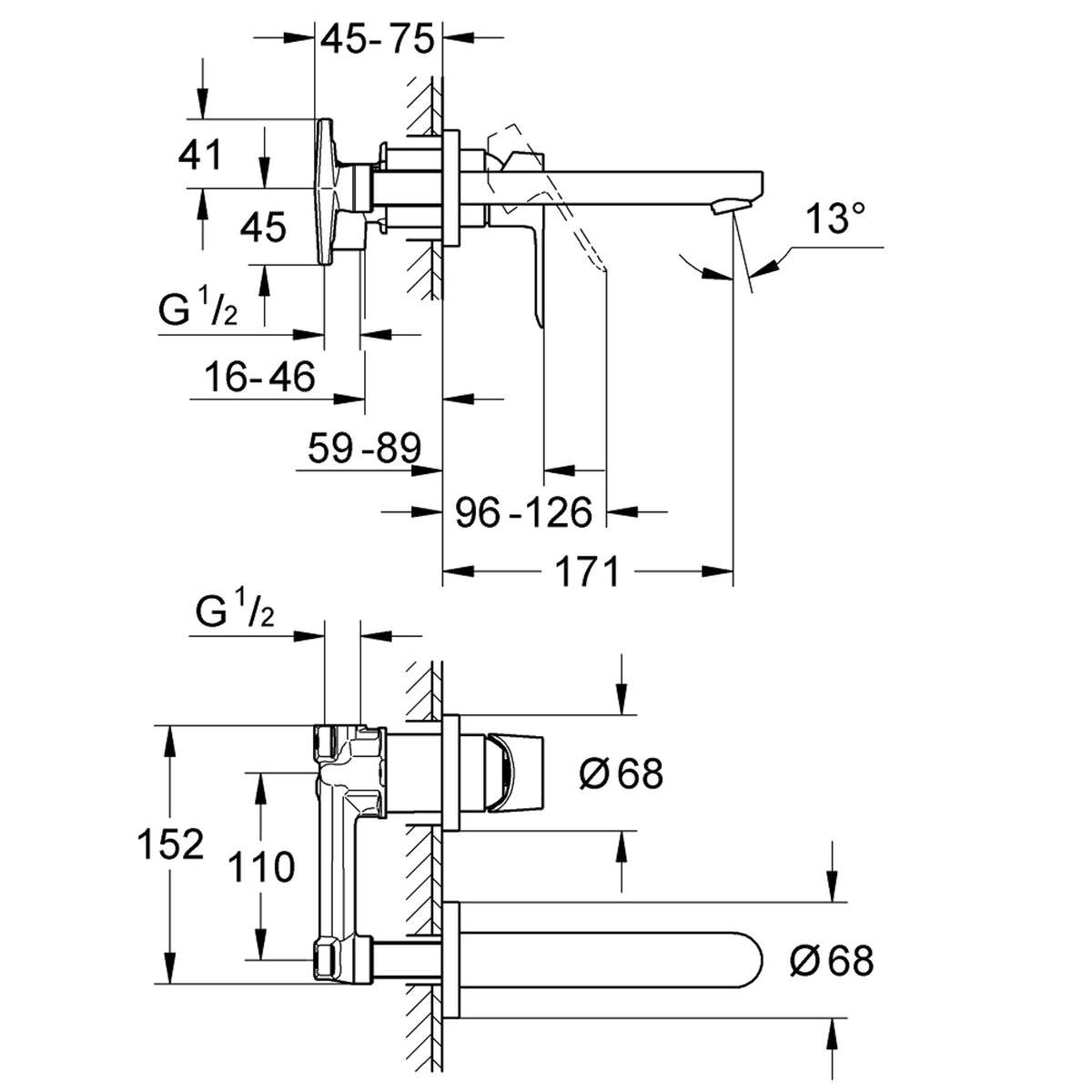 Grohe BauLoop İki Delikli Ankastre Lavabo Bataryası (Sıva Üstü Grubu) - Teknik Çizim